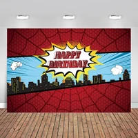 Superhero Happy Birthday Theme Party Backdrop Super City Buildings Spider Web Photography Background for Baby Newborn Event