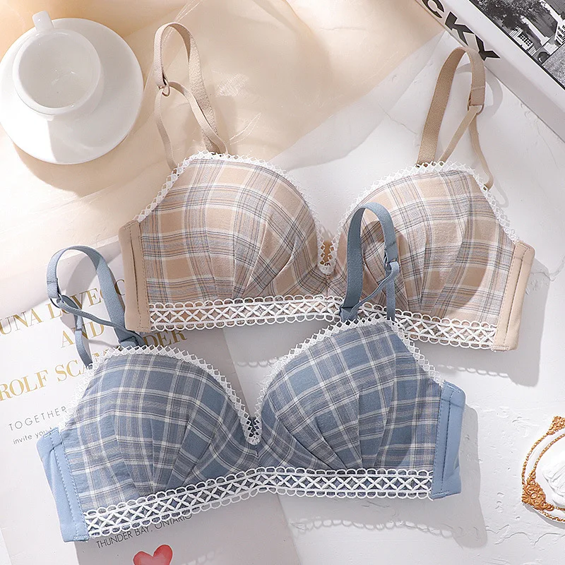 

Новинка 2021, японское клетчатое нижнее белье без оправы для девочек, удобный и дышащий бюстгальтер из латекса и хлопка