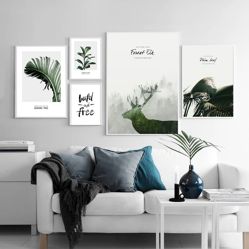 Скандинавский пейзаж зеленое дерево олень лес силуэт холст живопись растение