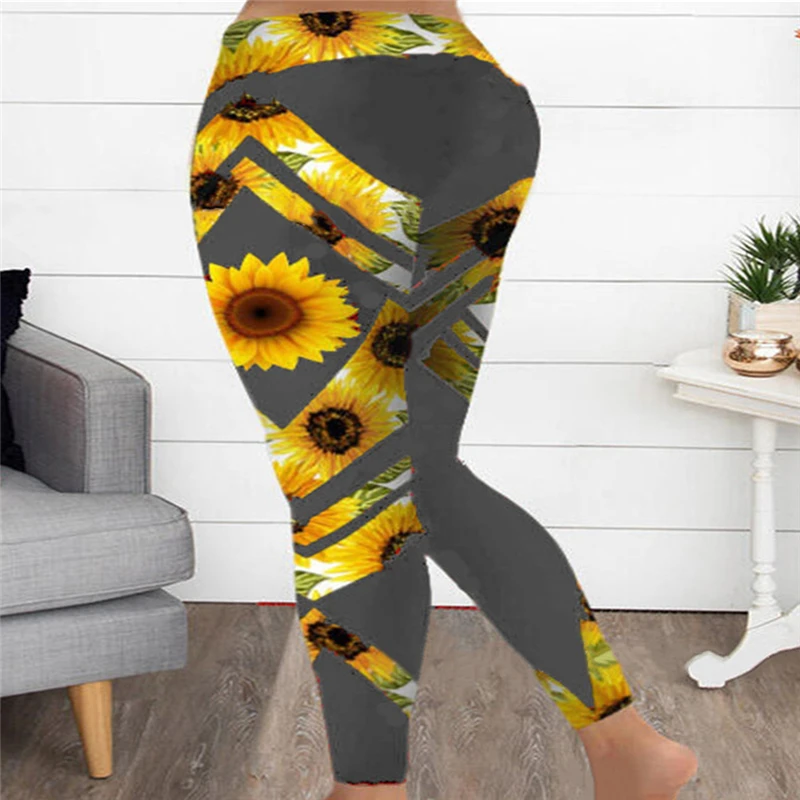 

Plus Size Women Casual Printed Sunflower Leggings Ladies Sexy Skinny Sports Leggings Female Fashion Patchwork Leggings For Women