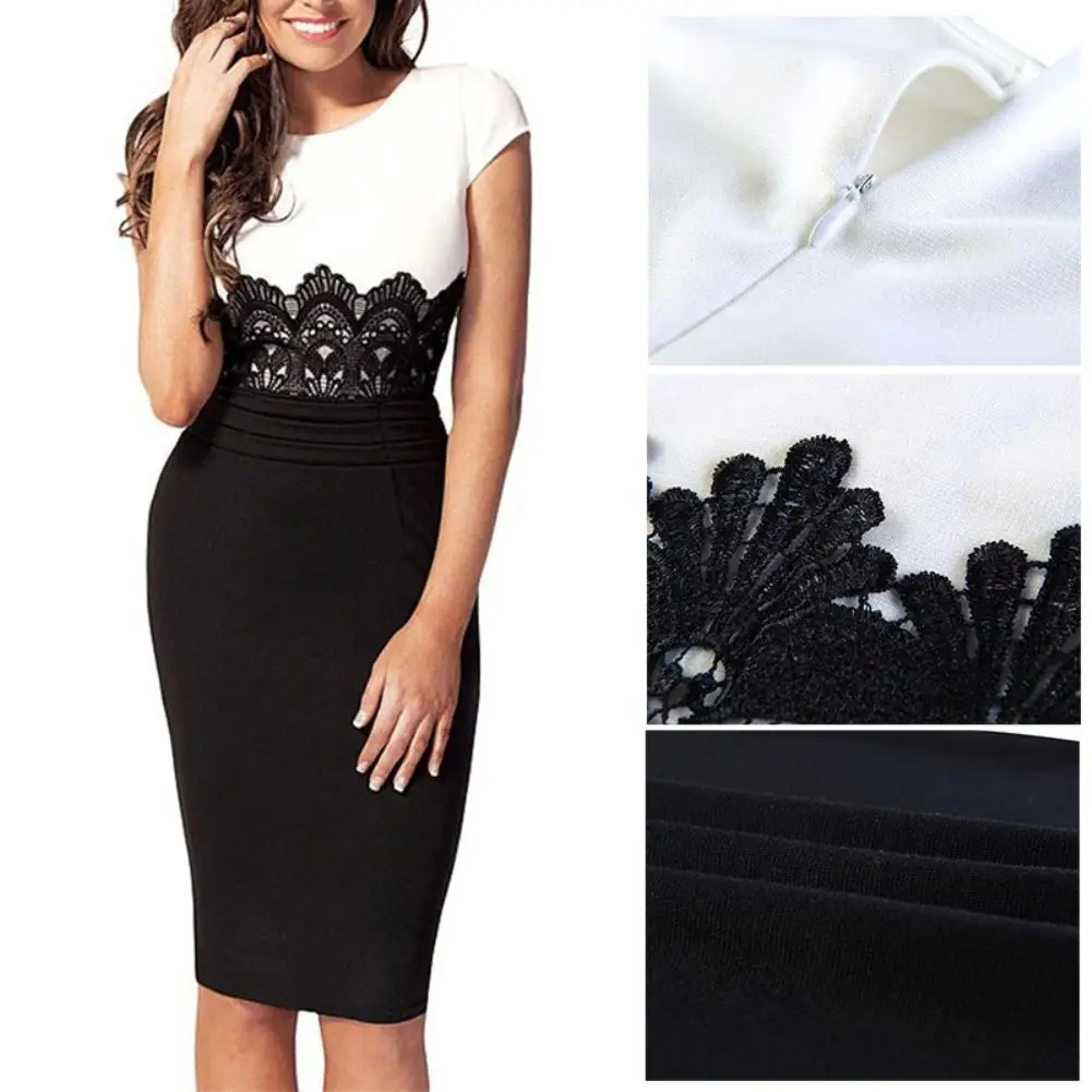 

Women Sexy Short Sleeve Lace Patchwork Color Block Knee-length Bodycon Dress