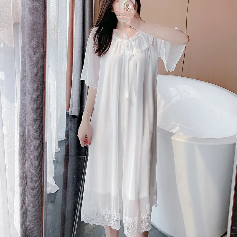 

New Palace Style Nightdress Women's Summer Short Sleeve Sexy Dress Lace Nightgown with Bra Home Skirt Lady Sleepwear Nightwear