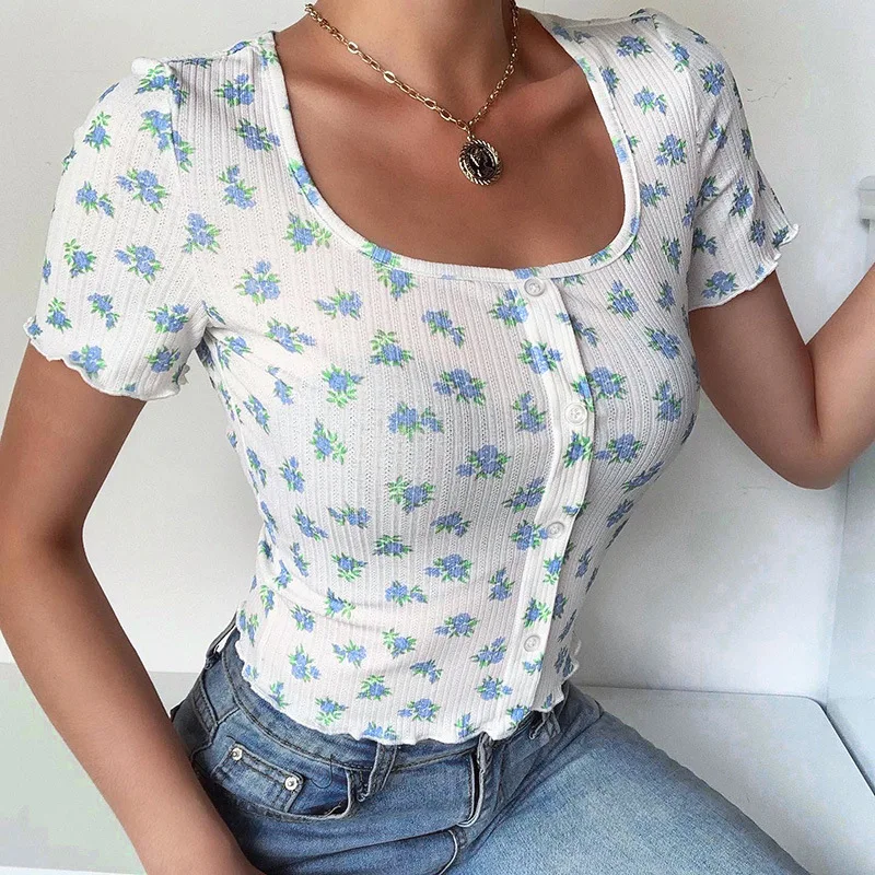 

2021 Floral Printed Women Top Shirt Button Cardigans Short Sleeve Square Collar Casual Elegant T-Shirts Lady Chic Crop Top