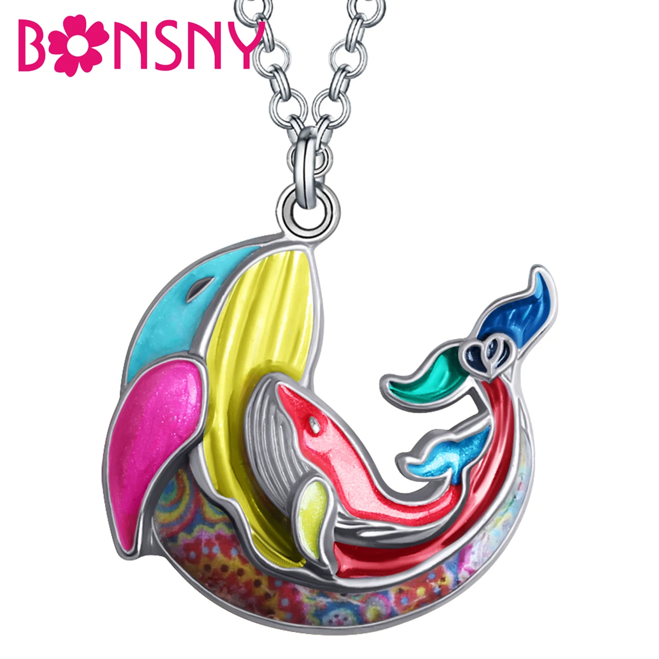 

BONSNY Mothers Day Enamel Alloy Floral Ocean Baby Whale Necklace Pendant Chain Fashion Jewelry For Women Mom Teens Charms Gifts
