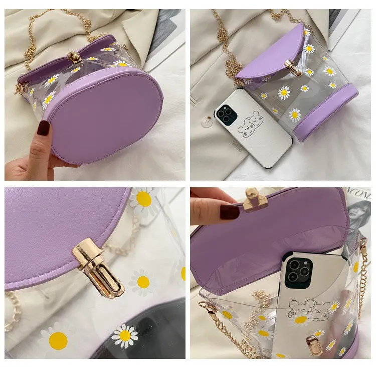 

2020 Brand New Women Daisy Print Crossbody Bag Female Summer Chain Strap Lock Catch Transparent Shoulder Bag Fashion Bucket Bag