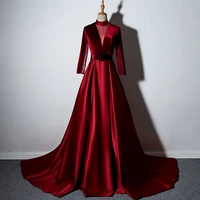 high quality women red wedding party dresses luxury floor length trailing prom dinner dresses with sashes