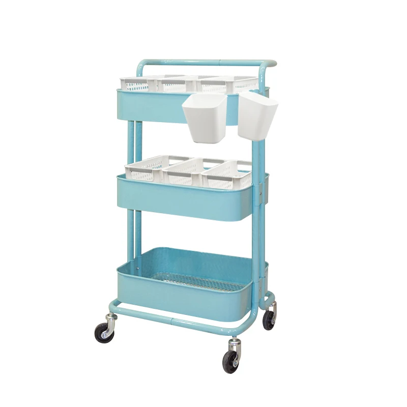 

3 Tier Detachable Rolling Storage Cart Mobile Shelving Unit Organizer With Bend Pipe Handle Lockable Casters Cups Hooks Included