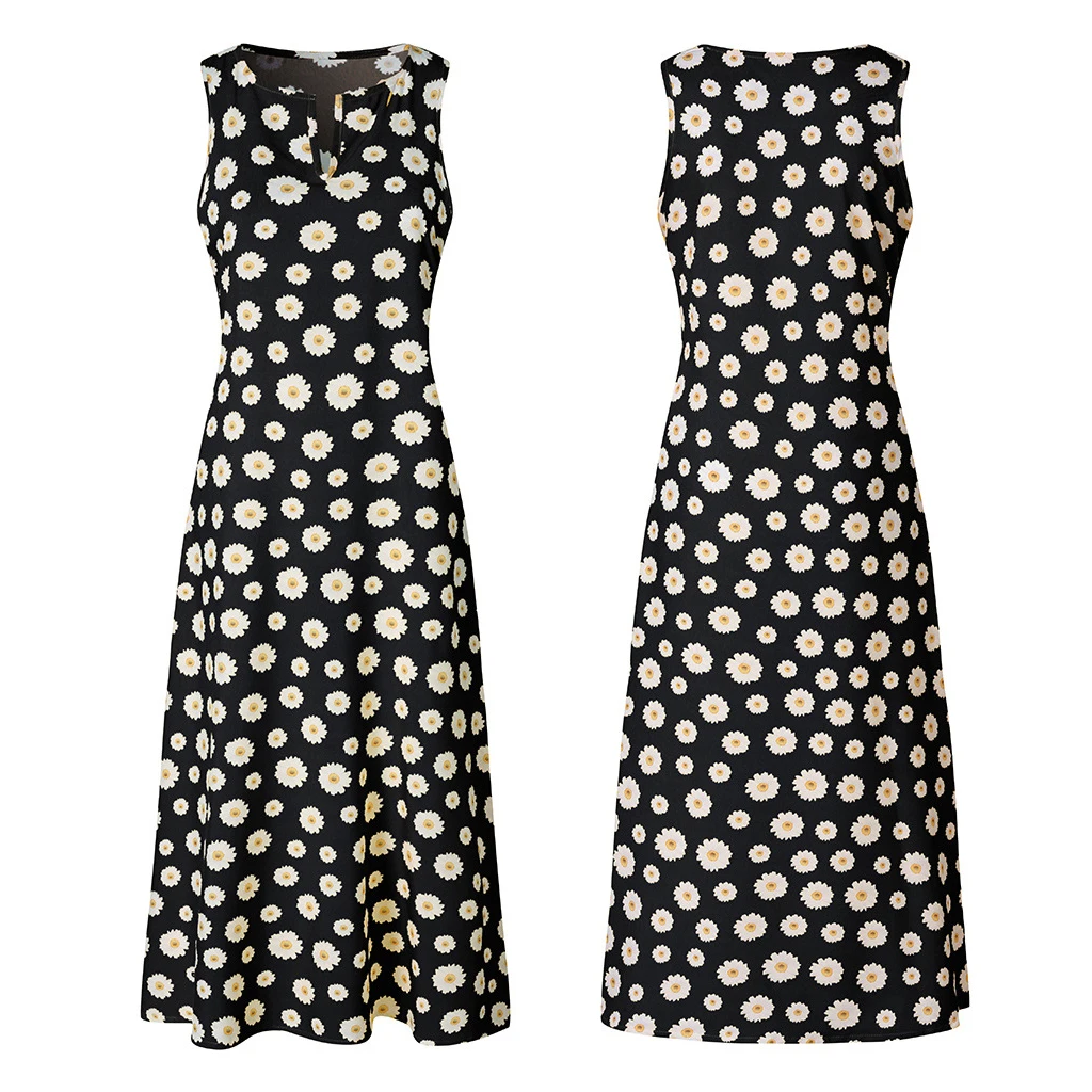 

Women Sleeveless V-neck Daisy Print Dress Ladies Summer Fashion Dress for Shopping Daily Wear