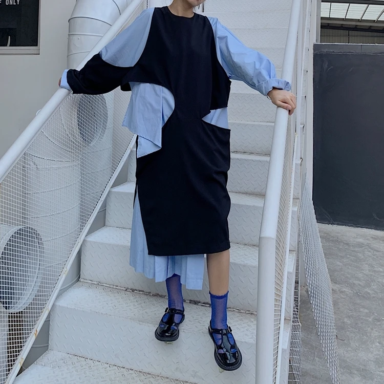 

LANMREM 2021 autumn New Women's Clothing Loose Temperament Irregular Hit Color Patchwork Long Sleeve Dress Overknee Dress YH715