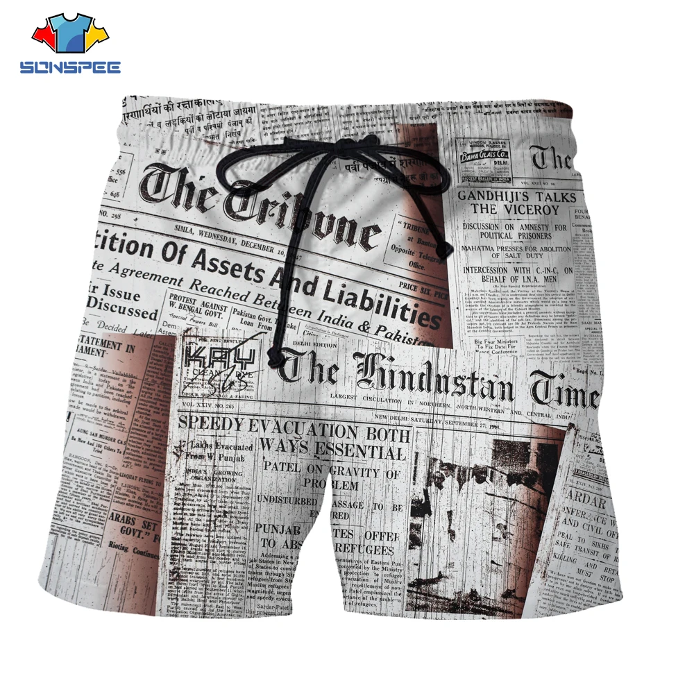 

SONSPEE Summer Men 3d Print Retro Style Funny Board Newspaper Shorts Mens New Swimming Shorts Party Fashion Casual Shorts