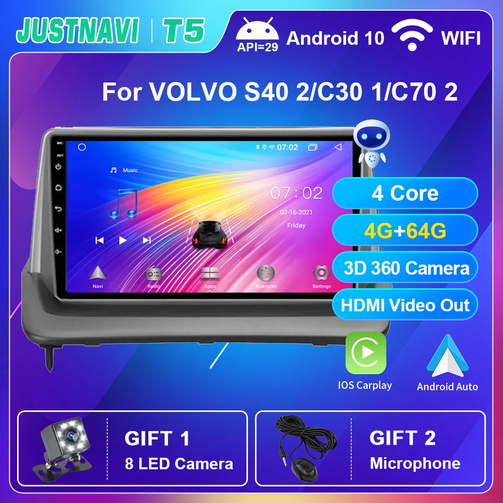 

JUSTNAVI Android 10.0 Car Radio For Volvo S40 2/C30 1/C70 2 2004-2013 Navigation BT Carplay Multimedia Video Player GPS RCA 9 in