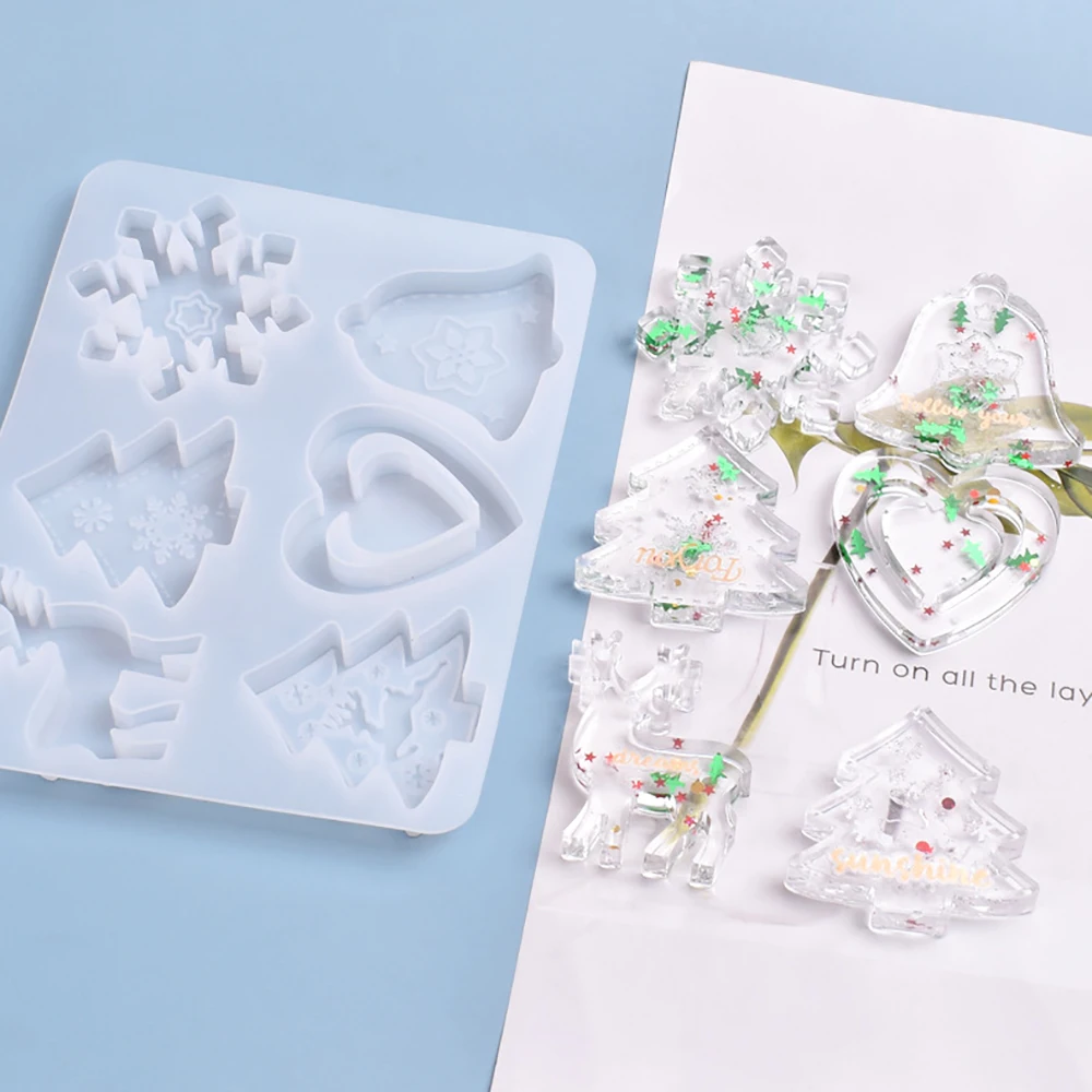 

6 IN 1 Snowflake Elk Bells Christmas Tree Silicone Mold Christmas Pendant Epoxy Resin Mold For DIY Keychain Pendant Jewelry Tool