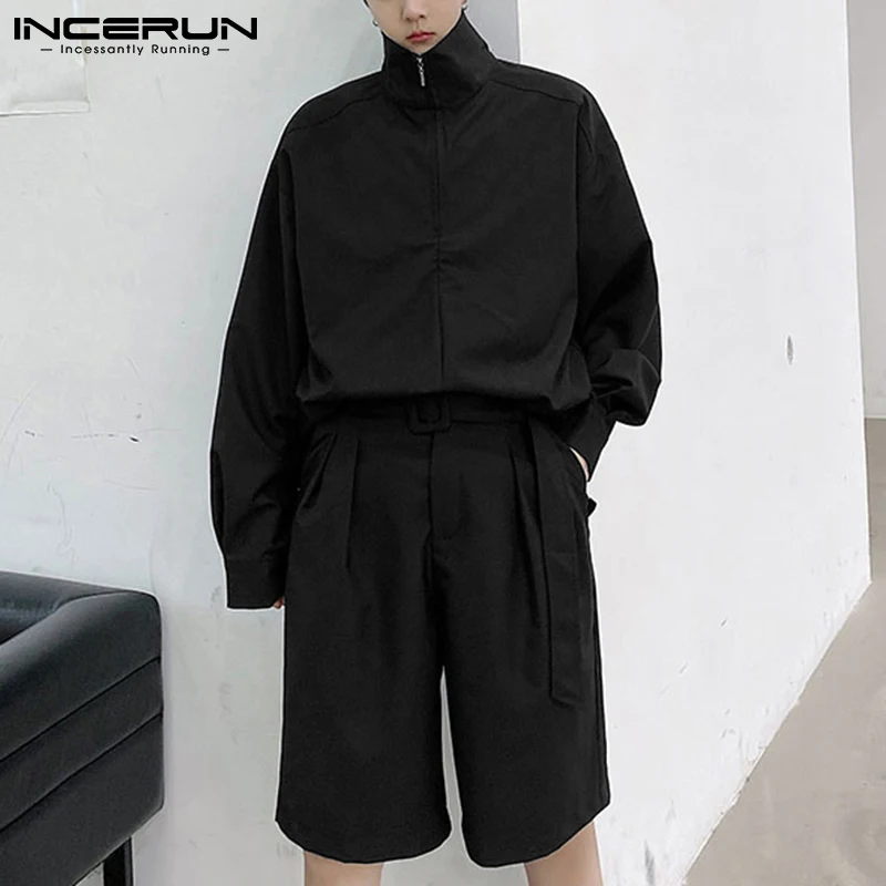 

Мужской комплект из 2 предметов, однотонный пуловер на молнии с длинным рукавом и шорты с ремнем, повседневный костюм в уличном стиле, 2021