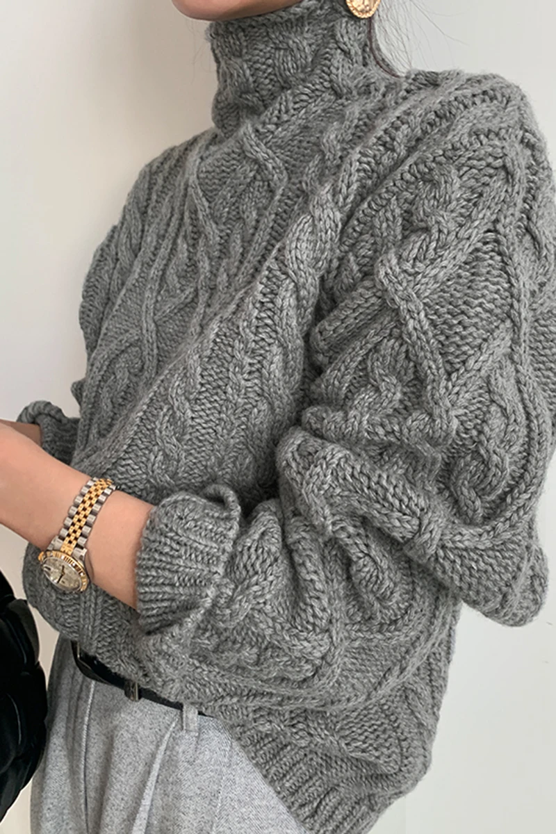 

2021 Autumn and Winter New Casual High Neck Pullover Sweater Women Solid Color Loose Warm Long-sleeved Knitted Top