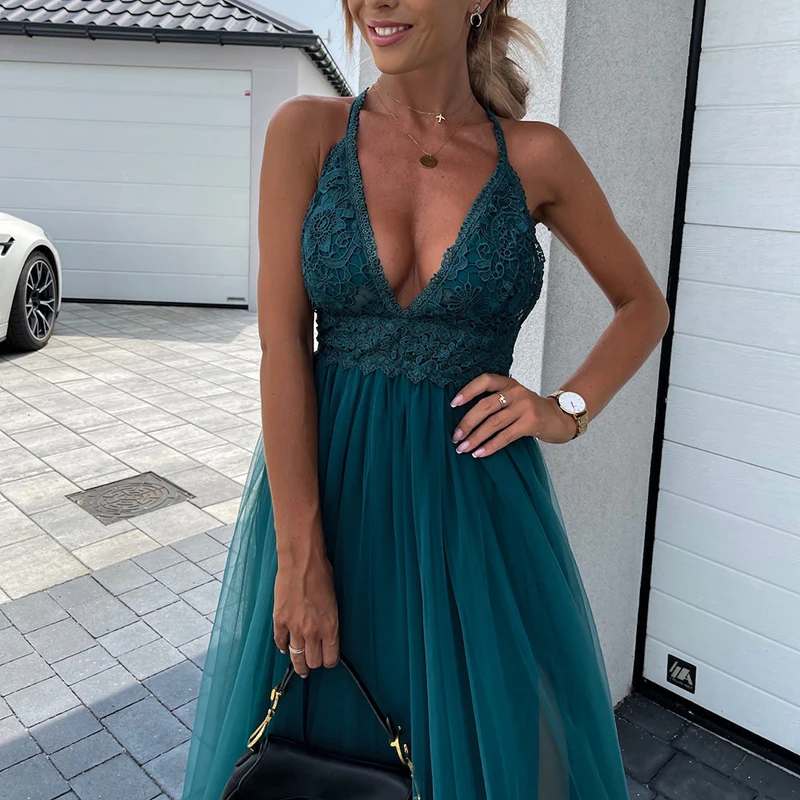 Женское вечернее длинное платье на бретельках элегантное однотонное Сетчатое с