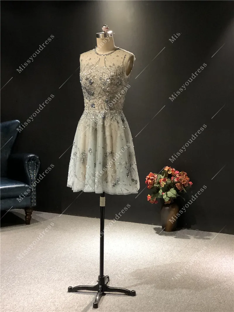 Vestidos de fiesta 2021 Real Pictures Gray Heavy Beads Sleeveless Short Length Formal Party Prom Dancing Women Evening Dresses