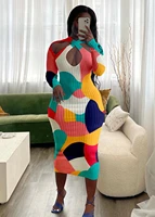 trendy women colorful dress 2022 new arrivals ottoman long sleeves hollow out mid calf length dresses fall clothes nightclub