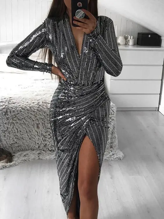 

Linglewei New Spring and Summer Women's Dress sexy V-Neck long sleeve dress in autumn