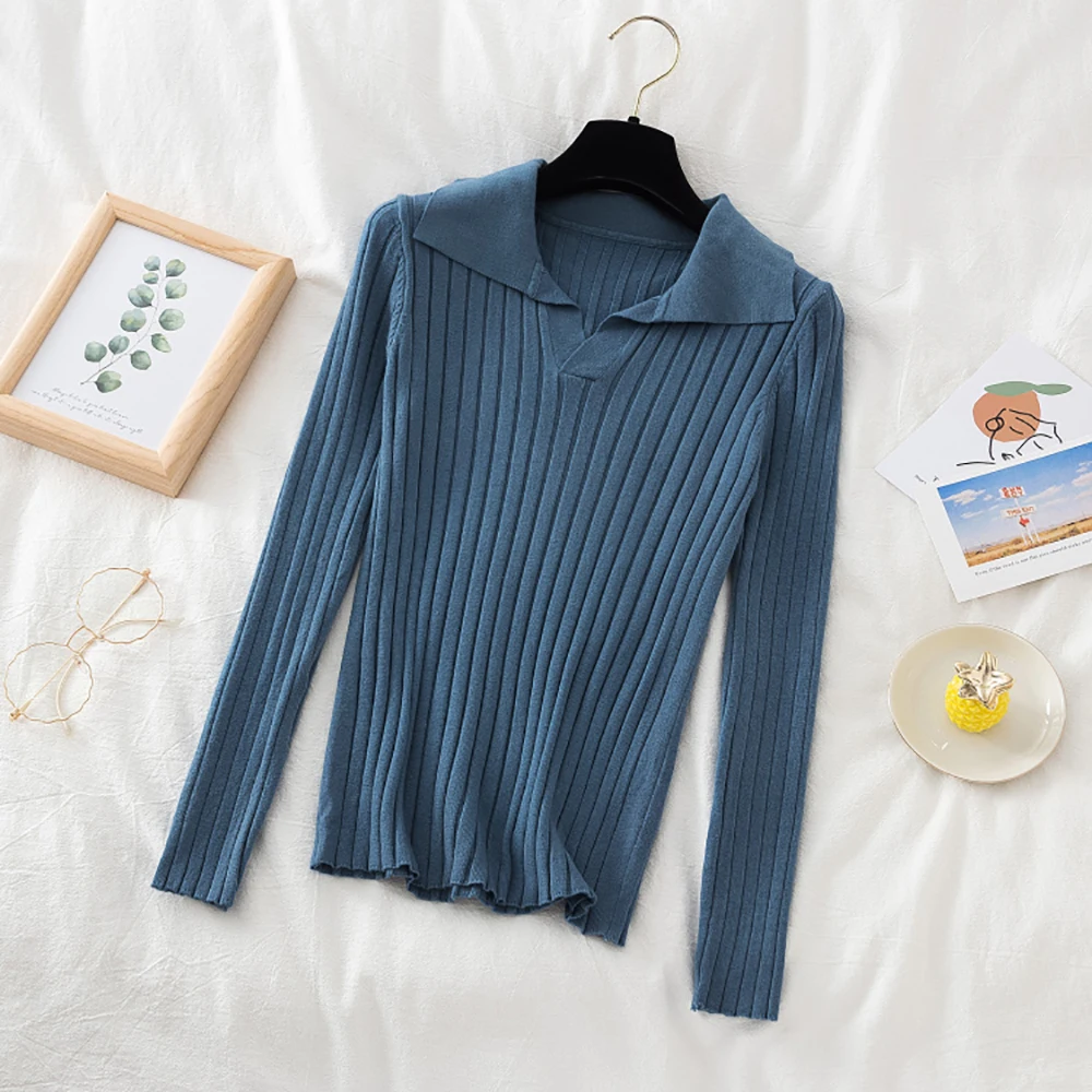 

Korean Style Turn-Down Collar Women Sweater Female Long Sleeve Casual Pullovers Knitted Sweaters Clothes Sweter Mujer 2021 Fall