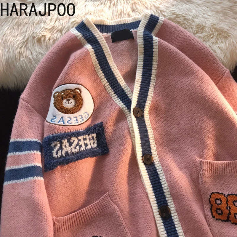 

Женские кардиганы Harajpoo с вышивкой медведя, японский вязаный свитер в стиле ретро, Осень-зима, свободное милое крутое Женское пальто для лени...