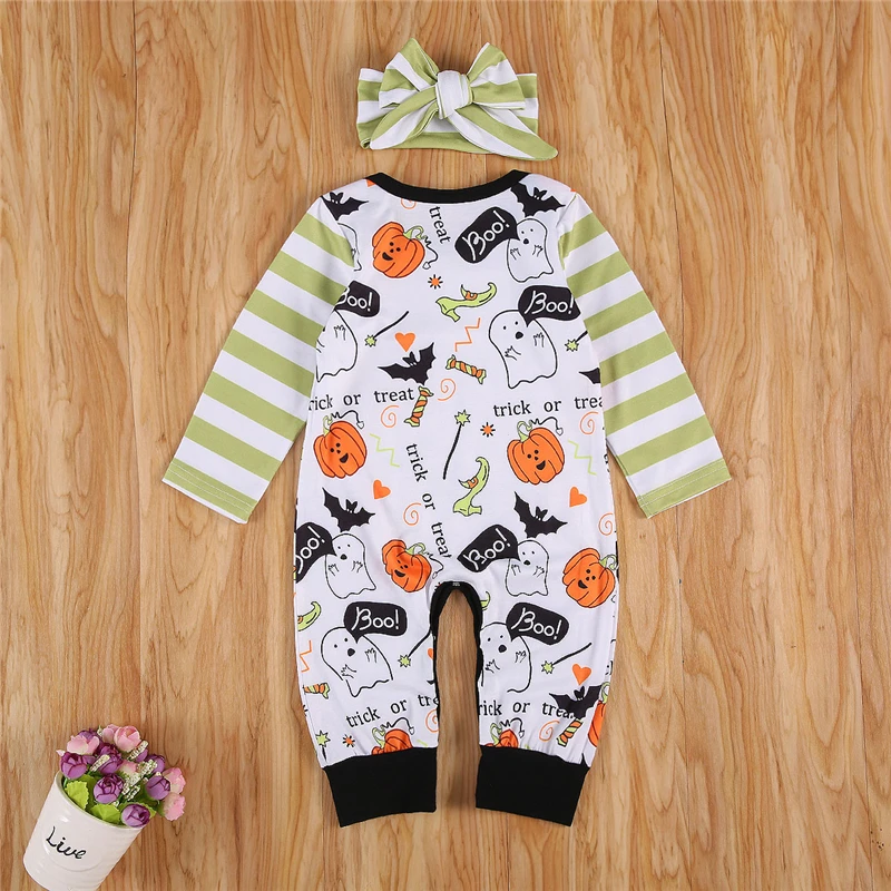 

New Fashion Baby Romper with Headband Pumpkin Stripe Print Round Neck Long Sleeve Bodysuit and Headwear for Kids Autumn clothes
