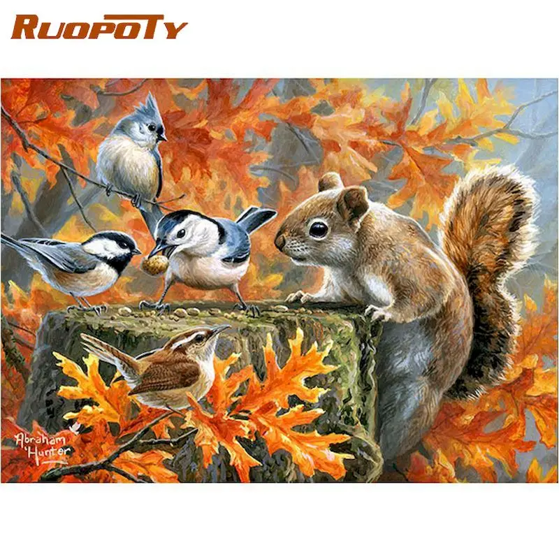 

RUOPOTY Painting By Numbers For Adults 60x75cm Framed Squirrel With Birds Landscape Oil Picture Home Living Room Wall Decoration