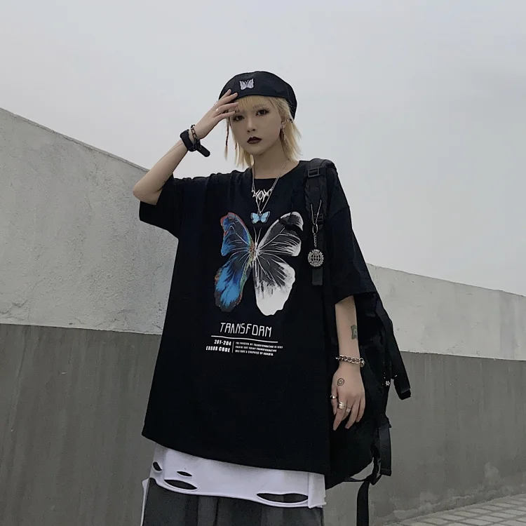 

Summer T-shirt Harajuku Style Butterfly Print Casual Loose Short-sleeved Women T-shirt Oversize Tops