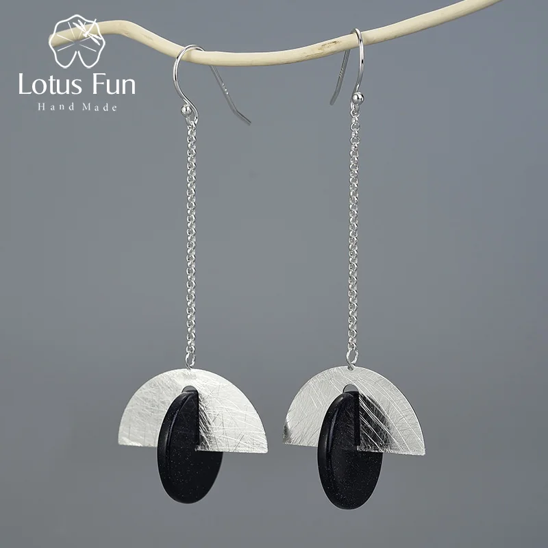 Lotus Fun реальные 925 пробы серебро натуральный камень Креативный дизайнер ювелирные украшения сектора Rotable длинные висячие серьги для женщин - Цвет камня: gold sand stone