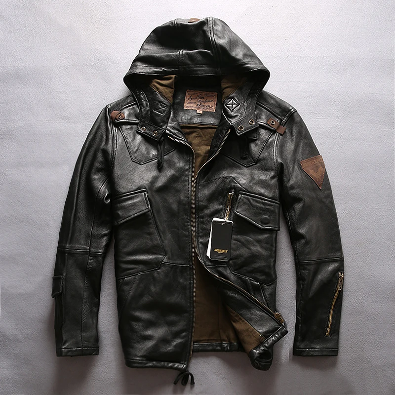 

Мужская кожаная куртка с капюшоном AVIREXFLY, черная приталенная куртка из натуральной овечьей шкуры, повседневная куртка из русской кожи, 2020