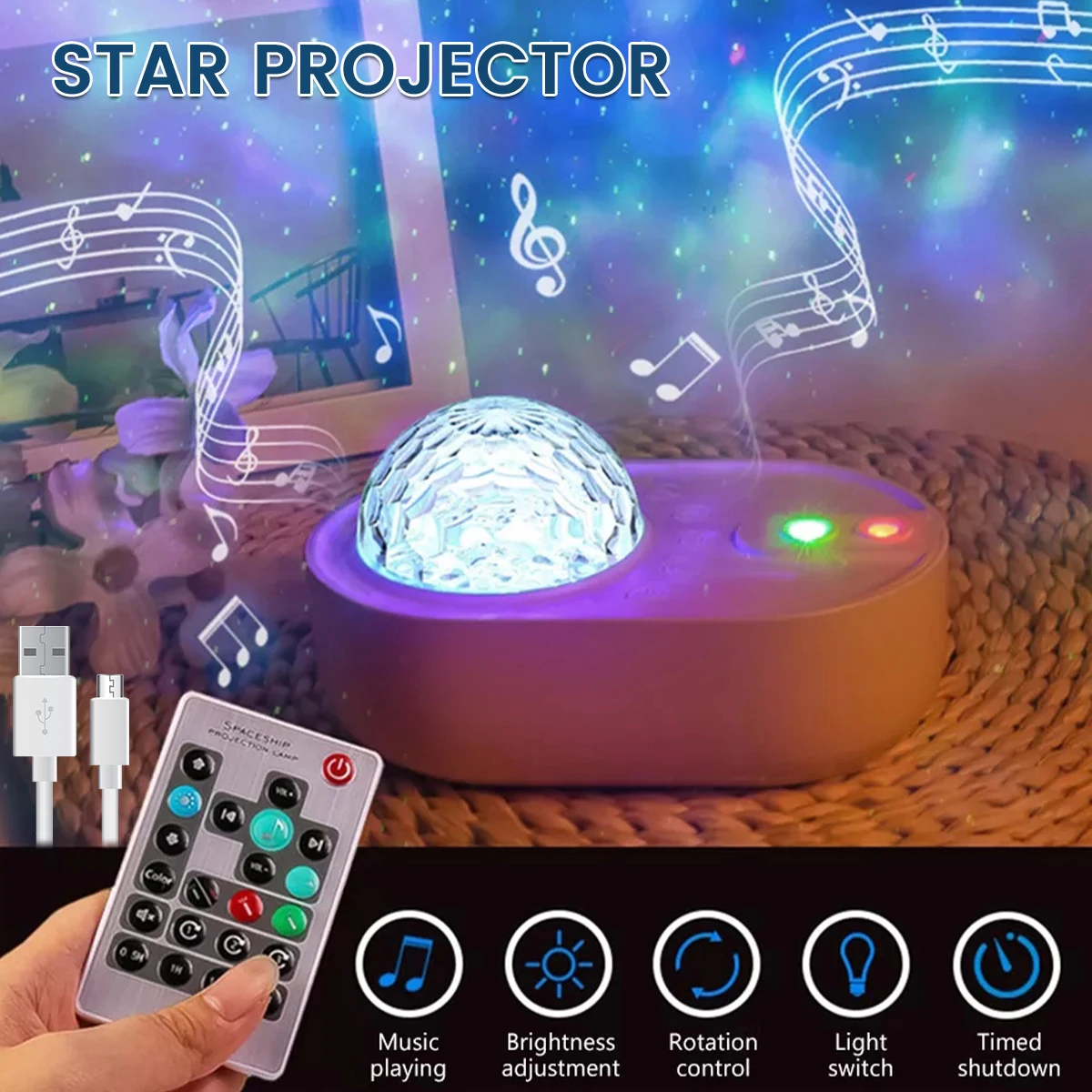 

Night Light Projector Remote Control Music Speaker Noise Suitable Bedroom Party Home Decoration Timing Sky Star Projector