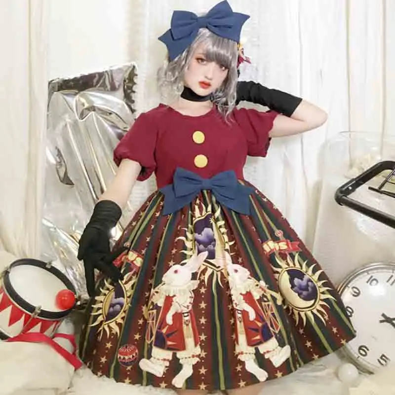 Женское готическое платье лолиты винтажное с коротким рукавом бантом и принтом