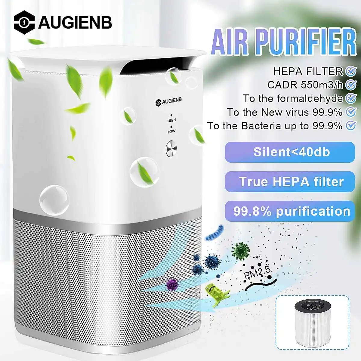 AUGIENB A DST02 очиститель воздуха Активный угольный HEPA фильтр стерилизатор запах аллергии для удаления дыма VOCs