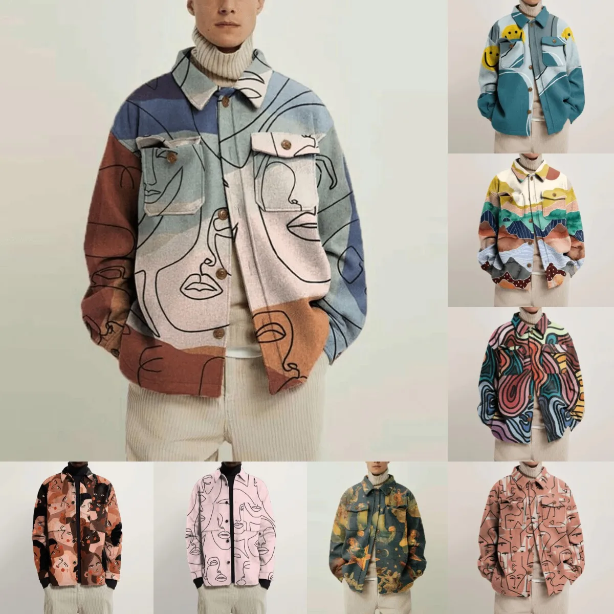 

Men New 2022 Print Slim-Fitting Vintage Print Turn-Down Casual Jacket Coat Male Cross-Border European And American Men's Autumn