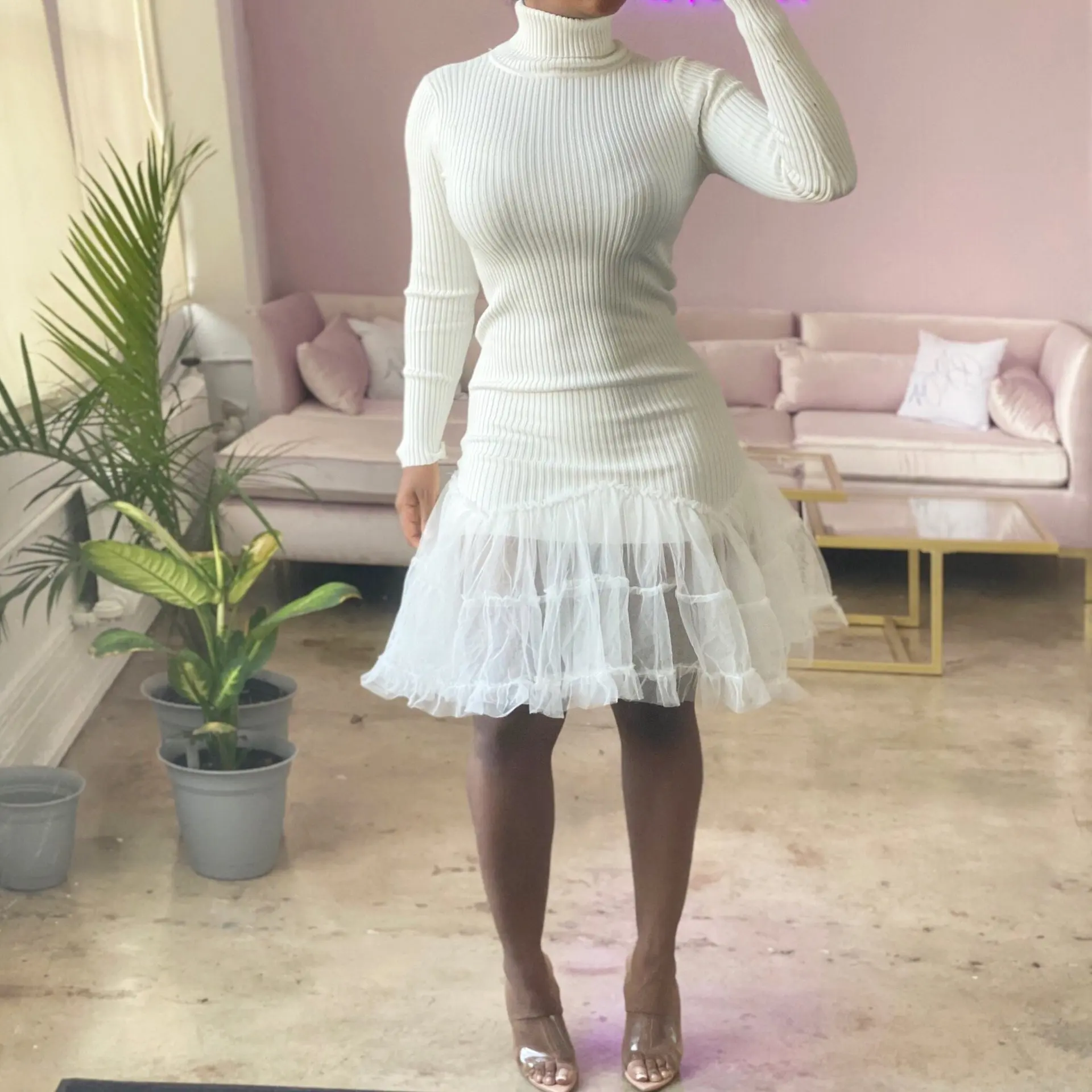 

Chocomist Dresses Elegent Solid Turtleneck Women Midi Dress