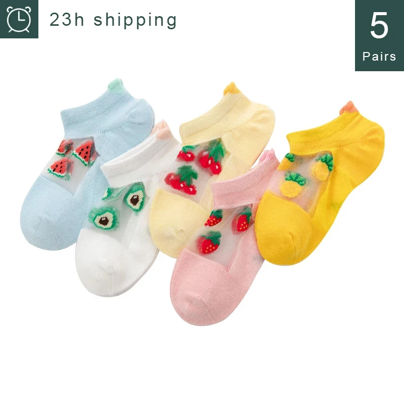 

10Pieces/5 Pairs Summer Shllow Mouth Socks Baby Fruit Print Glass Silk Transparent Non-Silp Invisible Lace