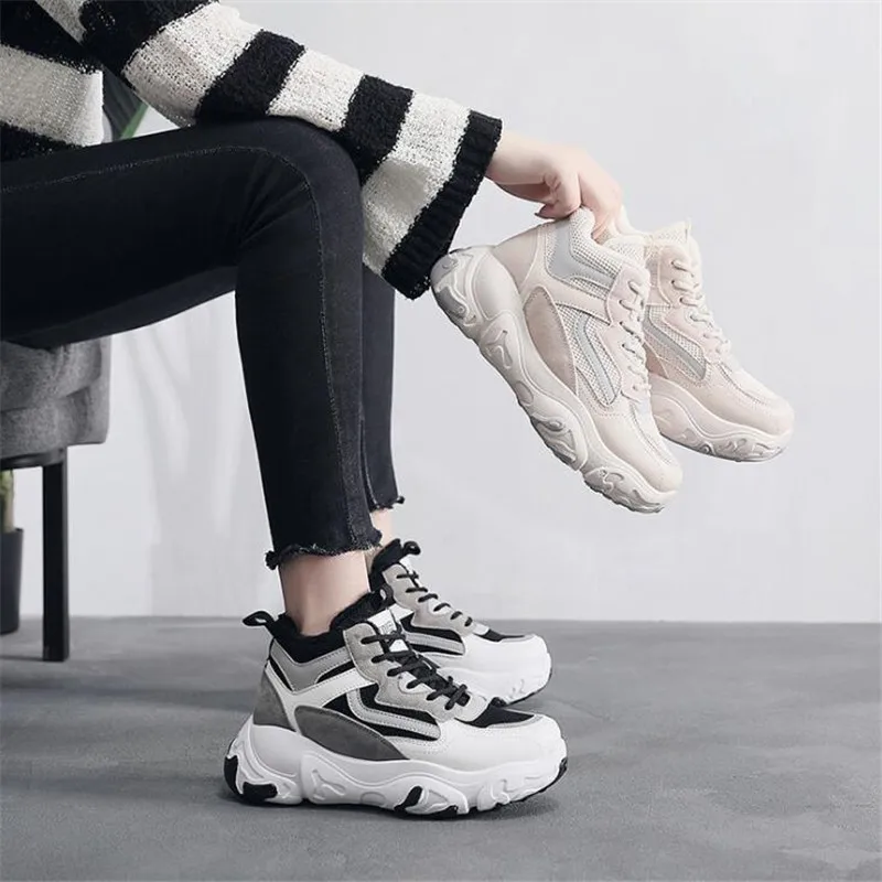 2019 г. Зимние ботильоны женская обувь на платформе с высоким берцем Теплые толстом