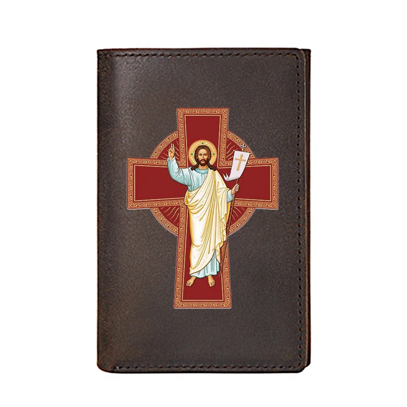 

Personality Genuine Leather Wallet For Men High Quality Orthodox Church Business Card Holders Male Purses Short Money Bags