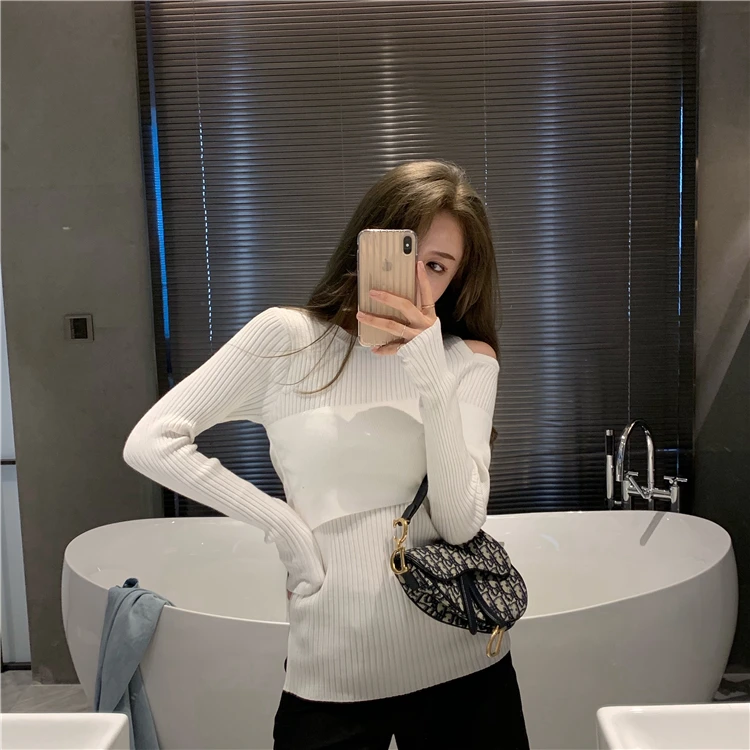 

Off Shoulder Women Sweater Hollow Out Knitted Pullovers Fashion Brand Korean Style Ladies Tops O-neck New Slim Moda Autumn