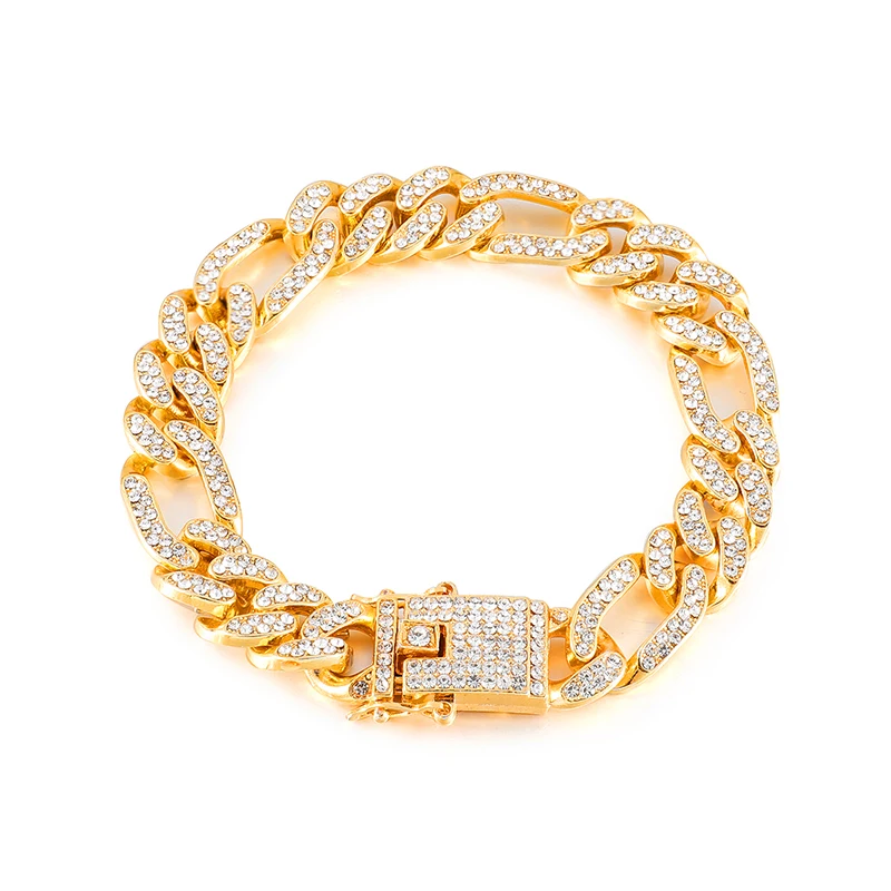 Золотой цвет Iced Out кубинские звенья цепи браслеты для мужчин Bling браслет, полностью из стразов хип-хоп рэппер ювелирные изделия - Окраска металла: B01545G