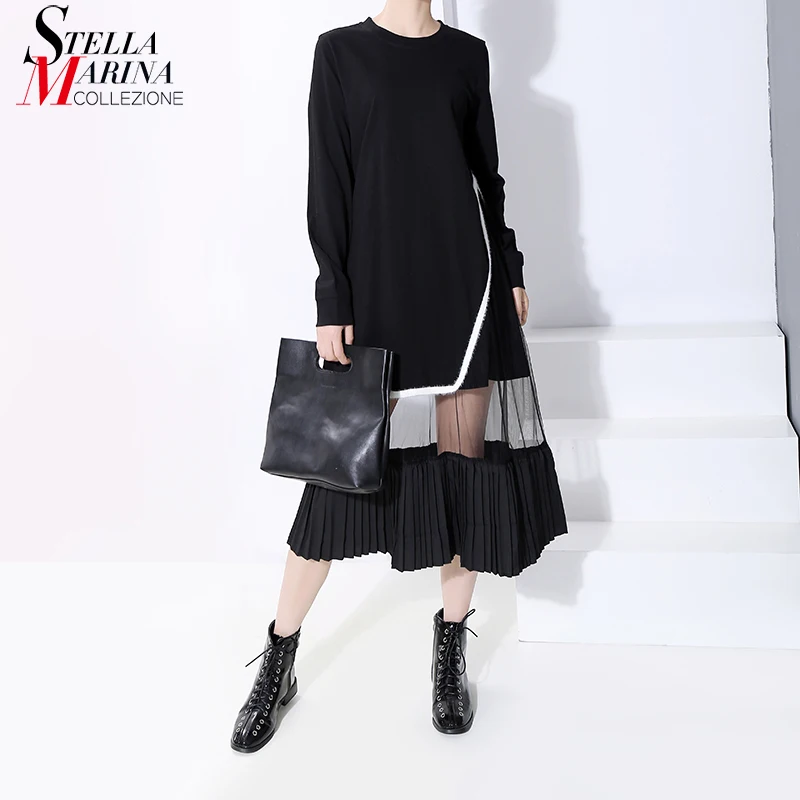 Новинка 2019 корейский стиль зимнее женское черное Сетчатое лоскутное платье