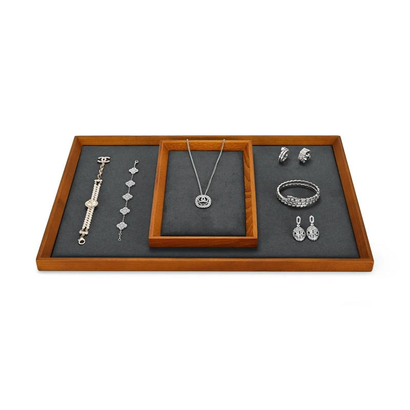 Oirlv Retro Beige/Dark Grey Large Solid Wood Ring Necklace Display Tray Microfiber Pendant Storage Jewelry Organizer Plate