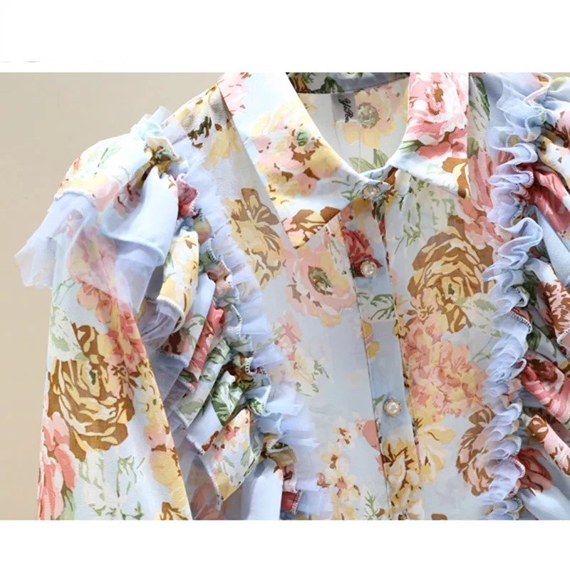 

Flower Shirt Women Lapel Short-sleeved Button Up Shirt 2021 Summer Ladies Tops Fairy Sweet Thin Lotus Edge Mesh Chiffon Shirt