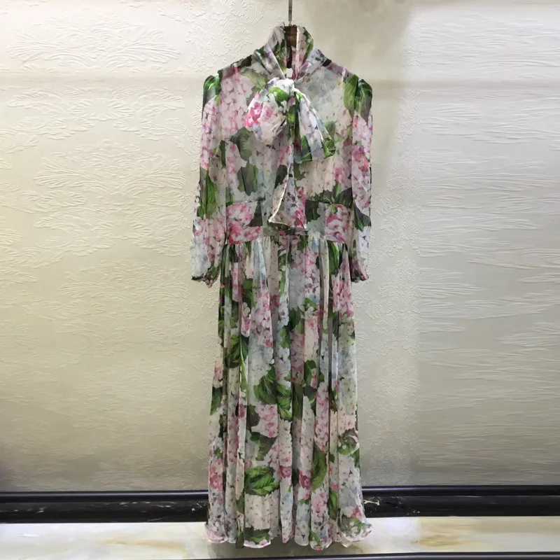 

Женское шифоновое платье в стиле бохо, модельное длинное платье в богемном стиле с цветочным принтом зеленых листьев и бантом на воротнике, ...