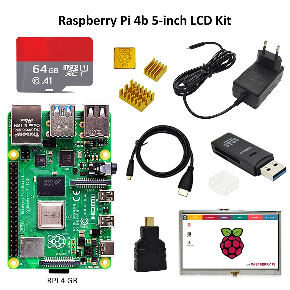 Raspberry Pi 4 набор с дисплеем PI 4B 2 ГБ/4 ГБ: плата + радиатор адаптер питания карта TF 16/32/64