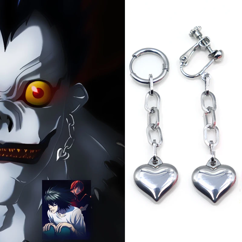 Death Note Ryuuku Drop Earrings Men Women Heart Earring Circle Ear Clips Stainless Steel Earring Anime Cosplay Gifts