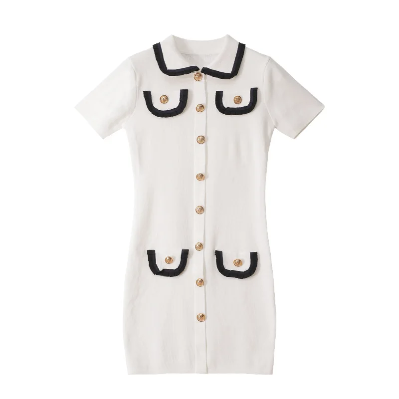 

Spring Office Ladies Lapel Short Sleeve Ice Silk Knitted Women Dress Elegant Sexy lady Dress A-line White Stripe LadyDresseses
