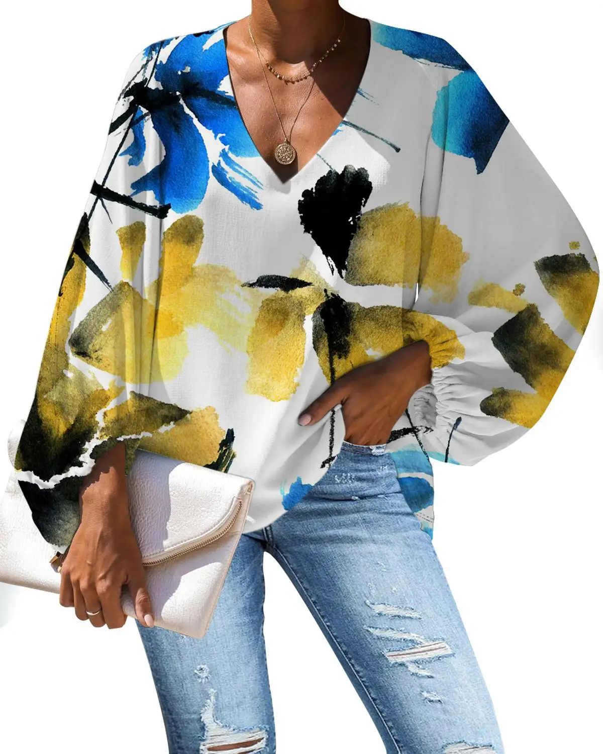 Рубашка женская с длинным рукавом и V-образным вырезом | Женская одежда