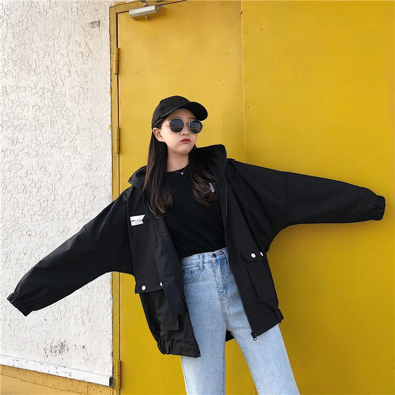 Куртка женская весна и осень Корейская версия оснастки Harajuku Свободная куртка Студенческая с капюшоном порт ветер бейсбол одежда