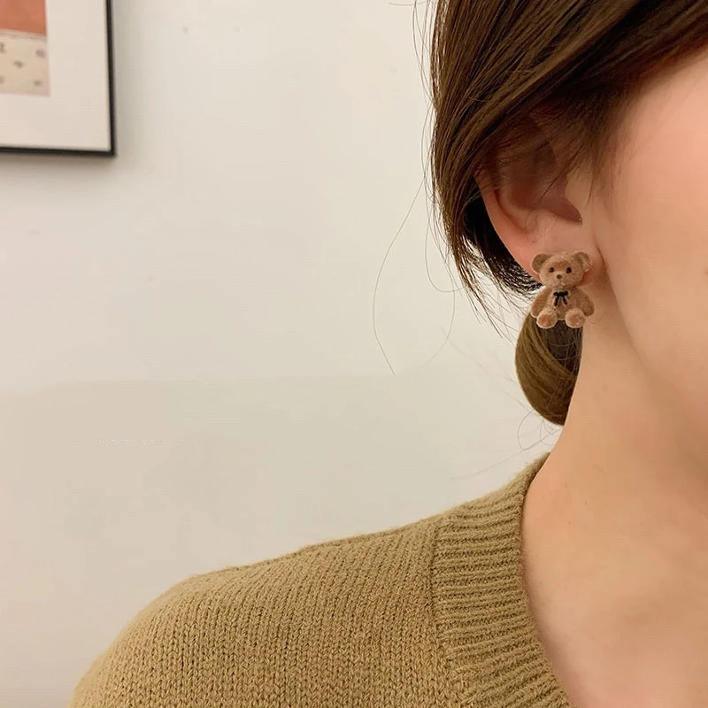 

New Korean Kawaii Funny Plush Small Stud Earrings Cute Bow Bear Statement Dainty Earring Fashion Jewelry 2021