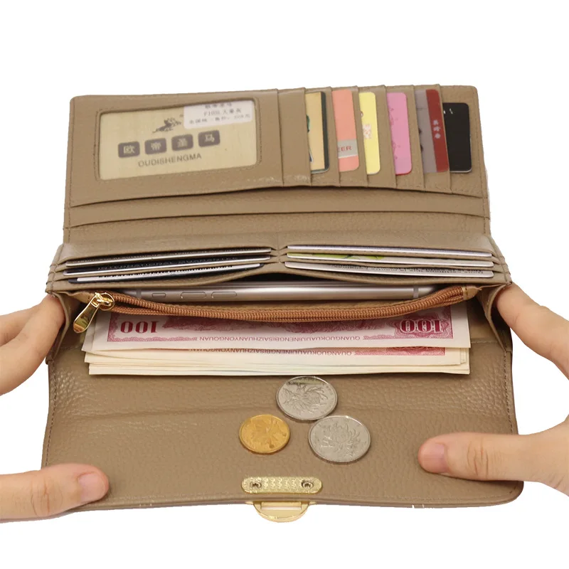 Женский кошелек с длинной пряжкой из воловьей кожи клатч тремя отделениями для